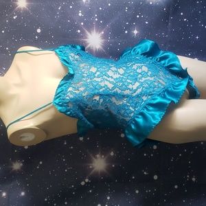 Vintage 80s Victoria's Secret frilly romper teddy teal satin lace small gold tag